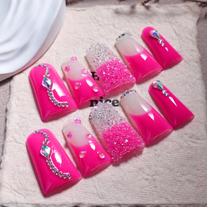 Lot de 10 faux ongles longs en forme de cercueil, <span class=keywords><strong>rose</strong></span> néon, français, diamant, acrylique, à presser, faits à la main, réutilisables, ensemble personnalisé, couverture complète des doigts - Product Image 1