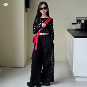 Completo da ragazza in 2 pezzi, top a maniche lunghe con strass a forma di stella a cinque punte, pantaloni a gamba larga per bambini adolescenti - Product Image 2