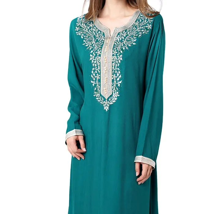 Mode Stickerei muslimische Frauen Langarm Dubai Kleid Maxi Abaya Jalabiya islamische Frauen Kleid Kleidung Robe Kaftan Marokkaner
