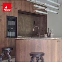 Armoire de cuisine moderne en cannage artisanal Alland, style minimaliste scandinave en noyer avec îlot ovale