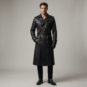 <b>Men</b> Genuine Leather <b>Long</b> Trench <b>Coat</b> Notched Lapel Double Breasted With Belt And Pockets Regular Fit - Product Image 1