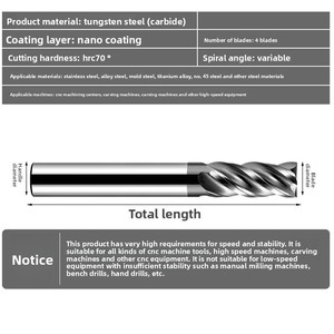 HRC70 4-<strong>Flute</strong> Tungsten Steel <strong>End</strong> <strong>Mill</strong> - Carbide <strong>Flat</strong> Bottom Milling Cutter CNC Router <strong>Roughing</strong> &amp; Finishing - Product Image 2