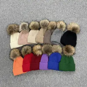 Soft Wool Warm Winter Real Raccoon Fur Pom Pom Hats For Women