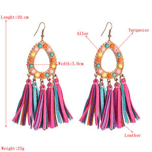 Faux cuir boucles d'oreilles Vintage exagération alliage pendentif boucles d'oreilles Turquoise cuir frange pour femmes Uionen 909 - Product Image 3