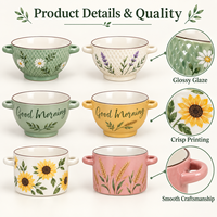 Bol à soupe en céramique style ferme à double poignée, imprimé floral, pour flocons d'avoine et salades, motif et couleur personnalisés, boîte cadeau, OEM ODM, vente en gros