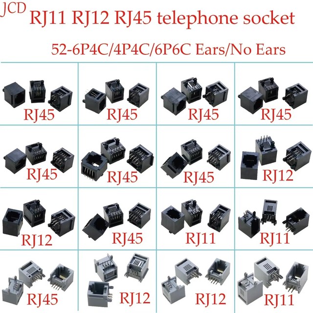 RJ11 RJ12 RJ45 Telephone Socket Connector 4P4C 6P2C 6P4C 6P6C 8P8C Plug Computer Internet Network PCB Jack Female Socket