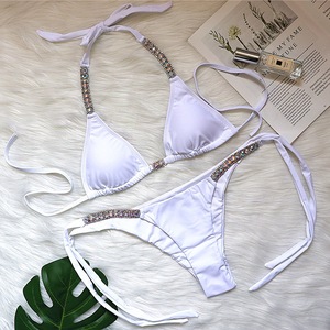 Conjunto de Bikini de Dos Piezas para Mujer, Color Sólido, con Pedrería, Triangular, con Tiras Laterales, Tanga Brasileña, Halter con Cristales, para Playa - Product Image 5