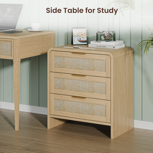 <b>Rattan</b> Nightstand 3 Drawers 22.8 Inch Wide Curved Wooden <b>Bedside</b> <b>Table</b> Modern Storage For Bedroom Natural Oak - Product Image 5