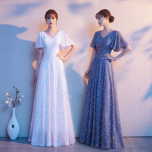 Evening Gown V Neck Glitter Long Dress Performance Party Wear Women's Formal Dress - Product Image 1