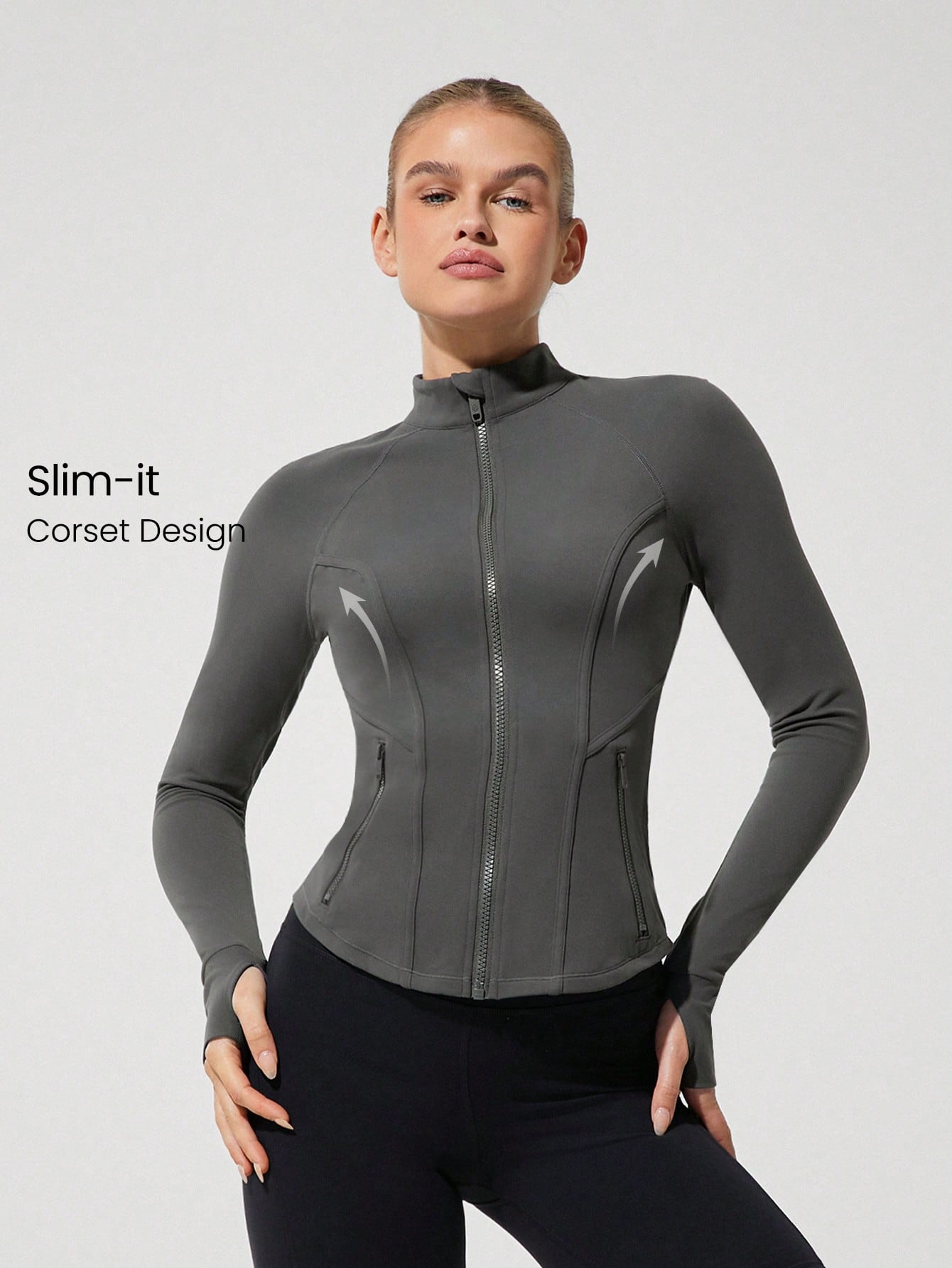 ODM Custom Logo Sweat-Wicking Stretchy Corset Seams Sculpted Slim Fit Jacket With Thumbholes Zipper Yoga Gym Sport Top For Women