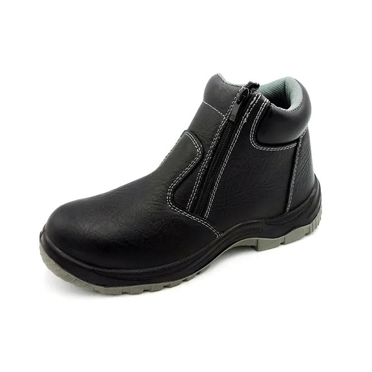 Black Color Waterproof Oil Resistant Genuine Leather Steel Toe Industrial Safety Footwear Work Boots with Zipper