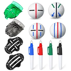 使いやすい8パックゴルフボールラインマーカーツールには、4つのゴルフボールマーカーステンシルと4つのカラーマーカーペンが含まれています (ゴルフボールなし)