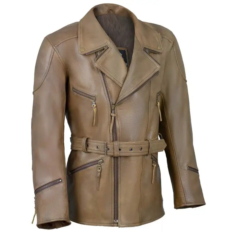 Men's Biker Tan Distressed Leather Jacket length Belted Coat Style - Wholesale Price