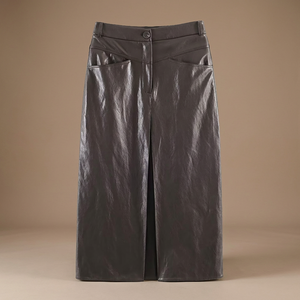 <b>Winter</b>/Autumn New Collection Casual Faux Leather Pleated <b>Skirt</b> with Button Vintage Empire Waist Women's Midi <b>Skirt</b> - Product Image 2