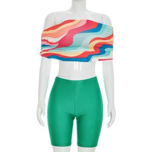 Viviblook J26ST125 Conjunto de verano para mujer, Top corto estampado con hombros descubiertos, pantalones cortos ajustados de color sólido, conjunto de dos piezas - Product Image 6