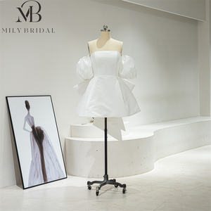 Mily mariée QD06339 détachable grand nœud bouffant manches courtes fermeture éclair dos Mini robe de mariée courte - Product Image 1