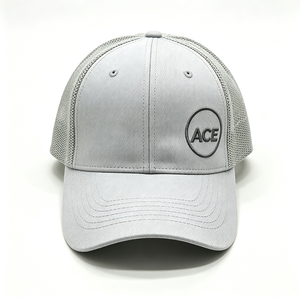 Custom Embossed ACE Circle Logo 6-Panel Trucker <b>Hat</b> <b>Light</b> Grey Polyester Front Mesh Back Adjustable Snapback Unisex Outdoor - Product Image 6