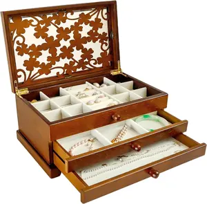 Wooden Jewelry Box for Women, Real wooden Jewelry Organization Box with four-leaf clover pattern