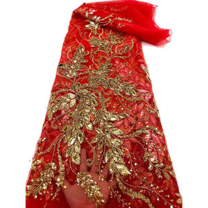 Tela de encaje bordado con lentejuelas de 125CM de ancho con tubos metálicos, cuentas de perlas y película dorada para Material de vestido de moda - Product Image 5