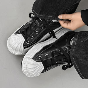 Chunky <b>Black</b> Genuine Leather <b>Sneakers</b> Round Toe Lace-up Thick Sole EVA Midsole Rubber Outsole All Seasons Walking Style Shoes - Product Image 4