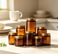 Vente en gros de pots cosmétiques en verre ambré avec couvercle en métal doré, contenants en verre vides pour bougies et crèmes, plusieurs tailles