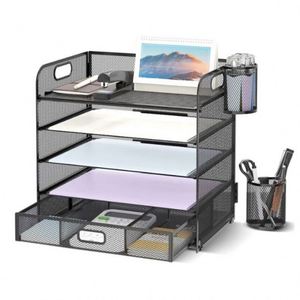 5-Tier Metal Mesh Office Desk Organizer with <b>Drawer</b> and Pen Holders <b>File</b> Sorter & <b>File</b> Organizer - Product Image 1