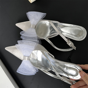 2025 Fashionable White Slingshot High Heel Wedding <b>Shoes</b> for Women Ankle Strap Sandals with Mesh Bow High Top Style for Summer - Product Image 5