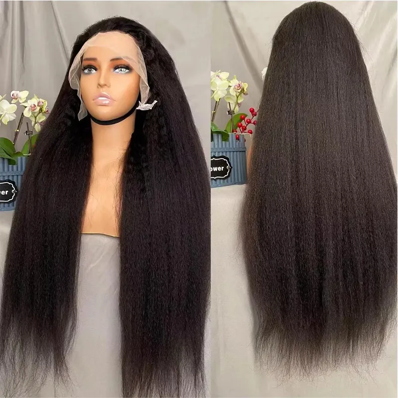 Virgin Remy Yaki 13x4 Full Lace Frontal Natural Color Wigs Brazilian Yaki Bob Glueless Kinky Straight Wigs with Curly Edges