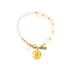 Pearl <b>Bracelet</b> With <b>Gold</b> Plated Charm And Religious Medal For Women - Product Image 2
