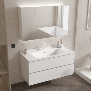 Mueble de Baño Suspendido con Espejo Redondo LED Inteligente, Lavabo Flotante Blanco para Hotel y Hogar - Product Image 2
