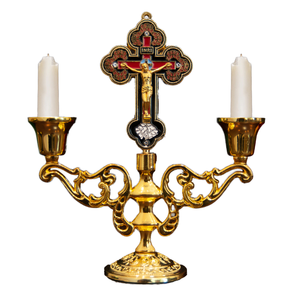 Candélabre en métal pour église, croix catholique, porte-bougie d'autel sacré, cérémonies religieuses, or antique, décoration dévotionnelle pour chapelle domestique - Product Image 1