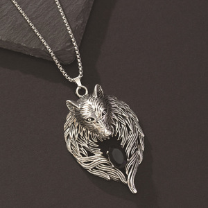 Collier pendentif loup en alliage de zinc, finition argent antique, serti clos, motif animal du zodiaque, chaîne de pull, cadeau pour hommes et femmes - Product Image 3