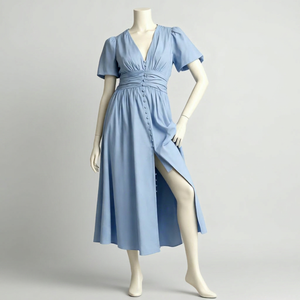 Elegante Vestido Midi de Mujer con Corte en A, Cintura Alta, Manga Abullonada, Cuello en V, Botones, Estampado de Leopardo/Liso, Estampados de Letras, Fabricante Personalizado - Product Image 1