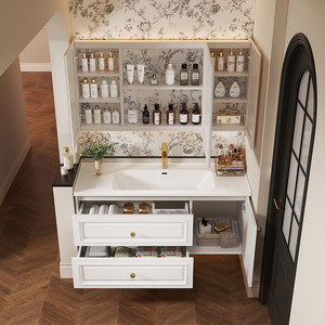 Meuble de salle de bain rétro français avec lavabo intégré en céramique et lavabo en ardoise - Product Image 4