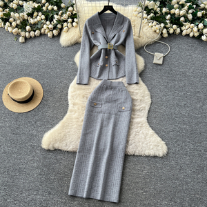 Conjunto de Dos Piezas para Mujer, Elegante, Otoño Invierno, Top de Punto <span class=keywords><strong>con</strong></span> Estampado Geométrico y Cintura Ajustable <span class=keywords><strong>con</strong></span> <span class=keywords><strong>Falda</strong></span> a Juego - Product Image 2