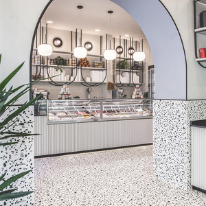 Airy Luxe Bakery & Coffee Market Stall Featuring Glass Display Case, Open Tiered Shelving, and Integrated Warm Lighting - Product Image 4