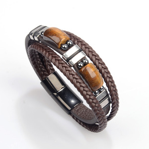 Unterstützt Individuelles Logo Doppel-Tigerauge-Stein Armband Edelstahl Magnetverschluss Handgewebtes Mehrschichtiges Lederarmband - Product Image 5