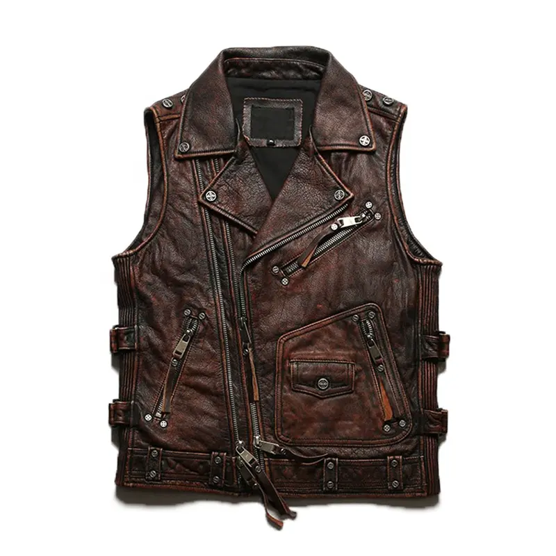 Gilet in vera pelle da uomo in vera pelle con cerniera diagonale con risvolto all'aperto di moda personalizzato gilet senza maniche in pelle bovina da uomo