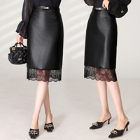 Jupe crayon taille haute en similicuir pour femme, longueur midi, avec ceinture, ourlet en dentelle, poches, style vintage élégant, pour l'automne