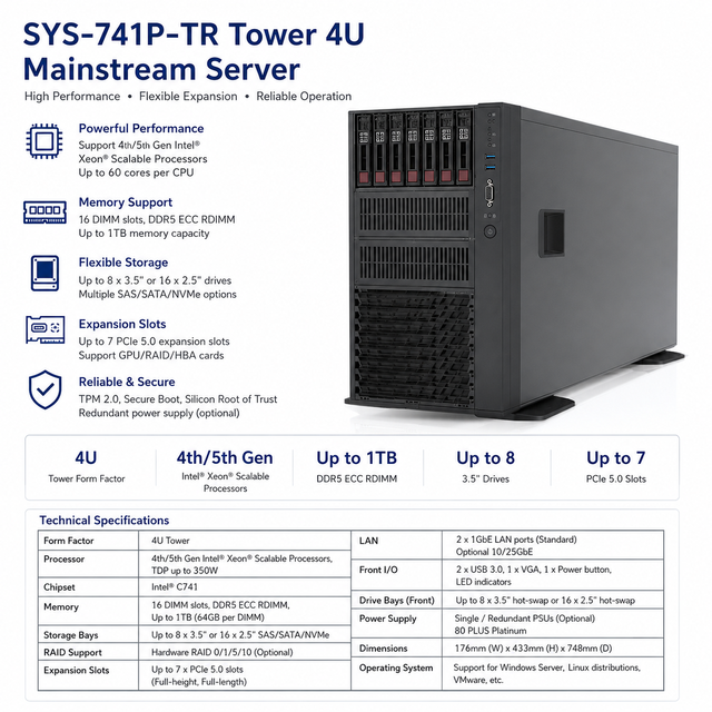 Supermicro SYS-741P-TR Tower 4U Mainstream Server Dual Xeon Scalable DDR5 PCIe 5.0 NVMe Enterprise GPU Rackmount Server
