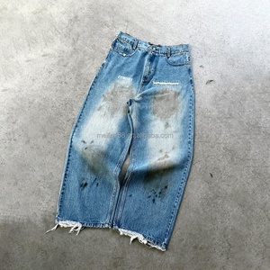 Jeans en coton sur mesure coupe droite, pantalon en denim ample, effet vieilli et déchiré, bleu personnalisé, taille haute - Product Image 1