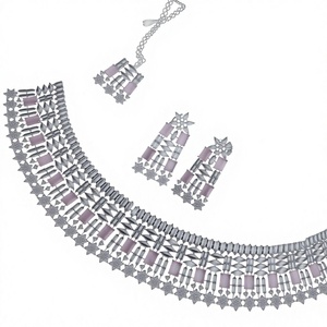 Stylish Best Quality <b>Silver</b> Finish CZ Zircon Stones <b>Choker</b> Set with Matching Earrings Tikka for Party Wear Collection For Women - Product Image 2