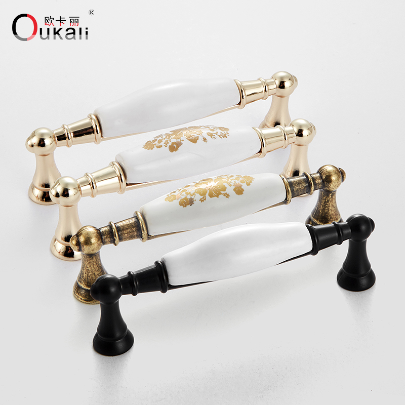 Oukali Ceramics and White Flower K Gold Cabinet Handle Kitchen Furniture Hardware Solid Zinc Alloy Dresser Pull