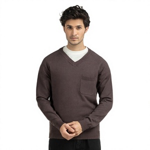 Men's Brown V-Neck Knitted <b>Pullover</b> <b>Sweater</b> Full Sleeve Solid Color Front Pocket Autumn Style - Product Image 1