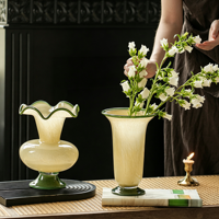 Nouveau vase à fleurs en verre de style chinois avec bordure en feuille de lotus jaune, objet de décoration pour la maison, récipient à fleurs haut de gamme, vase à fleurs hydroponique