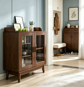 Meuble de salon moderne en bois massif avec portes vitrées, 3 étagères, design mid-century, meuble de rangement - Product Image 4