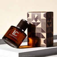 Flacon de parfum en verre vide de luxe, cylindrique et court, avec logo personnalisé, capuchon cylindrique enveloppé de cuir et boîte.