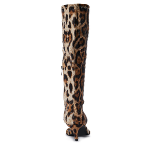 Fashionable Open-Toe Knee-High Ankle <b>Boots</b> Kitten-Heel Leopard-Print Satin with Rhinestones for Summer and Spring - Product Image 4