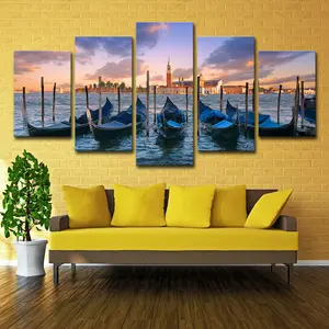 5 Panels Blue Boat Sea View Poster Picture Seaside City Sunset Landscape Modern Canvas Print Art For Dinning Room Decoration