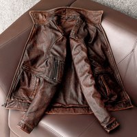 Blouson court d'automne A2 en cuir de vachette véritable délavé, style vintage nostalgique, grande taille pour homme, avec fermeture éclair, coloré